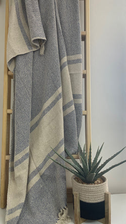 Cream and Blue Cotton Throw